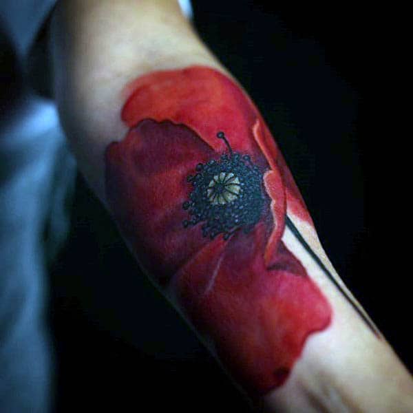 Guy With Red Detailed Poppy Flower Inner Wrist Tattoo