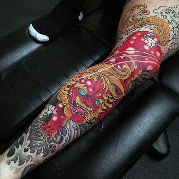 Guy With Red Ink Foo Dog Leg Sleeve Tattoo
