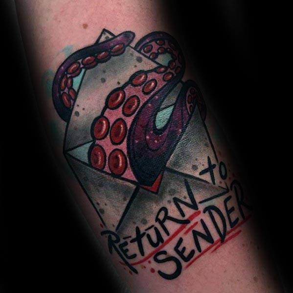 Tattoo of a tentacle bursting from an envelope with "Return to Sender" text
