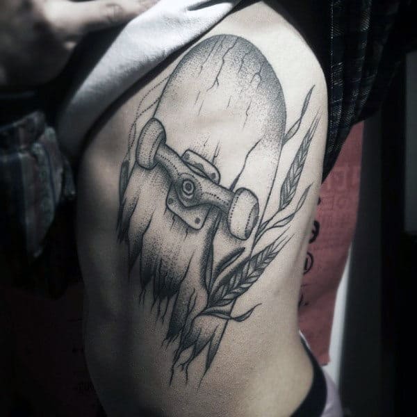 Guy With Rib Cage Side Shaded Skateboarding Tattoo