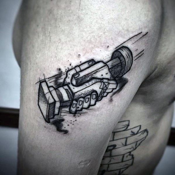 Guy With Robot Mechanical Handshake Pink Floyd Tattoo Design On Outer Arm