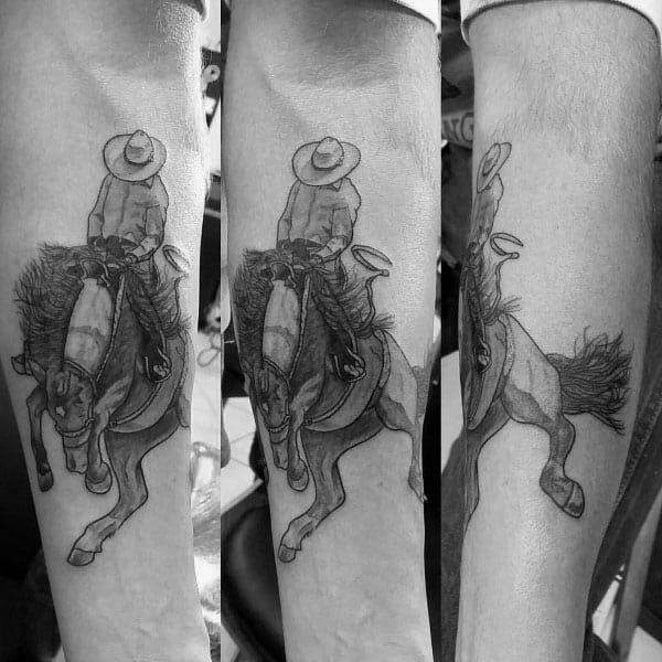 Black and grey tattoo of a cowboy riding a bucking horse, shown from multiple angles, with fine details and realistic shading capturing movement.