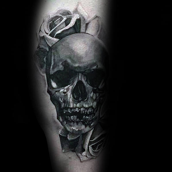 Guy With Rose Flower Realistic Skull Tattoo Design On Leg