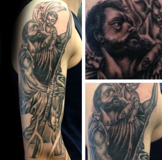 Guy With Saint Christopher Half Sleeve Tattoo Design