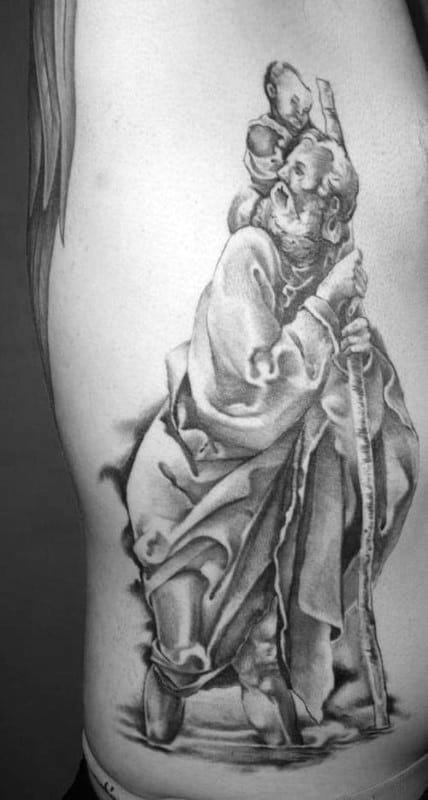 Guy With Saint Christopher Shaded Black And Light Grey Ink Rib Cage Side Tattoo