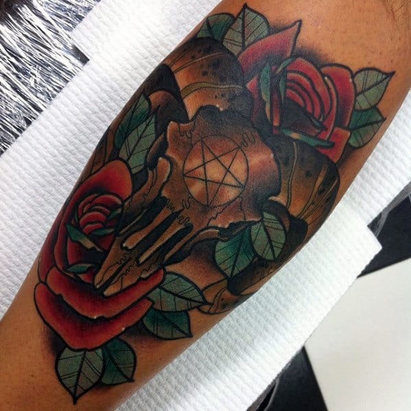 Guy With Satanic Goat Skull Rose Flowers Leg Tattoo