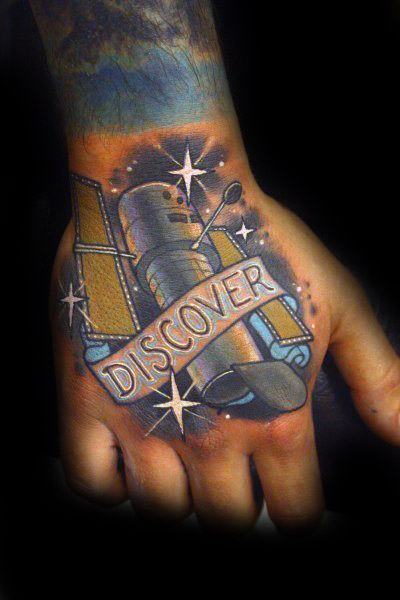 Guy With Satellite Discover Banner Tattoo Design On Hand