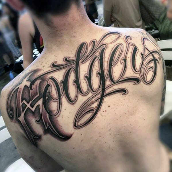 Guy With Script Ornate Unique Back Lettering Tattoo Design