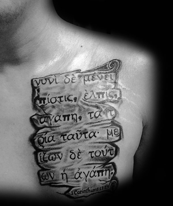 Guy With Shaded Black And Grey Ink Scroll Tattoo Design On Upper Chest