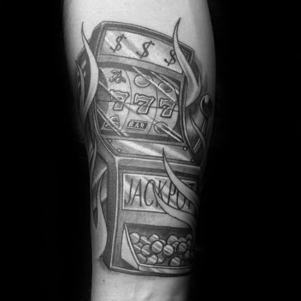 Guy With Shaded Black And Grey Ink Slot Machine Inner Forearm Tattoo Design