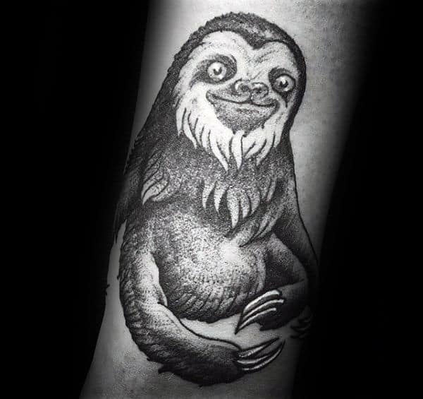 Guy With Shaded Black And Grey Ink Sloth Forearm Tattoo