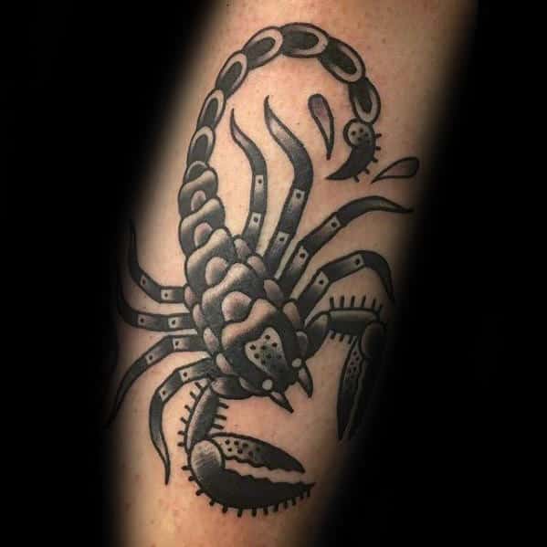Guy With Shaded Black And Grey Tattoo Of Traditional Scorpion On Arm