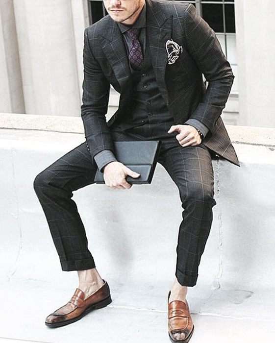 Guy With Sharp Looking Charcoal Grey Suit Brown Shoes Outfit