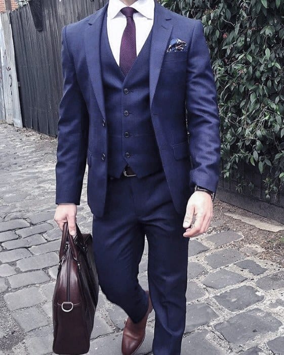 Guy With Sharp Looking Three Piece Navy Blue Suit Brown Shoes Outfit