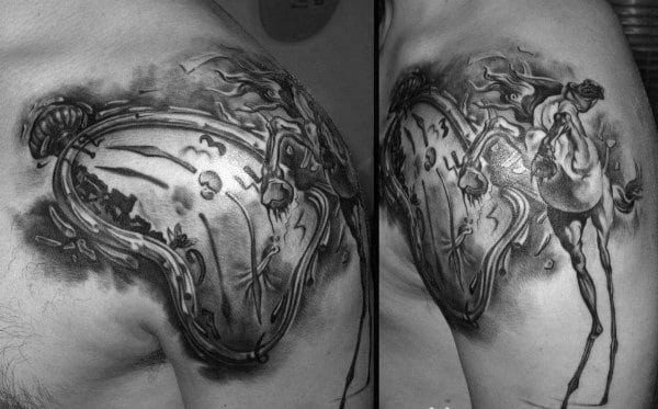 Guy With Shoulder Cap Melting Clock Tattoo