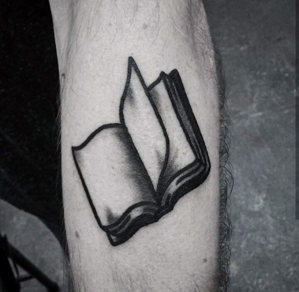 Guy With Simple Traditional Book Shaded Forearm Tattoo Design