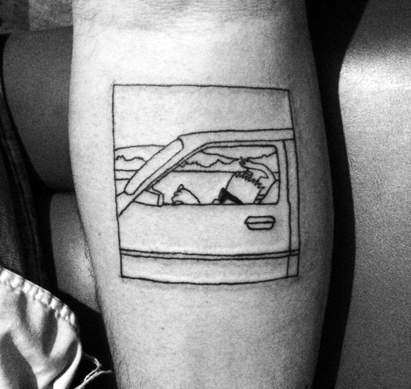 Minimalist black line tattoo of Bart Simpson slouched in a car, staring out the window with a bored expression.
