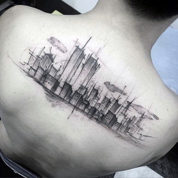 Guy With Sketched Watercolor Skyline New York Upper Back Tattoos