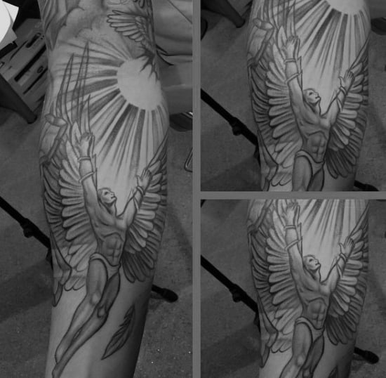 Guy With Sksetched Style Icarus Sleeve Tattoo Design