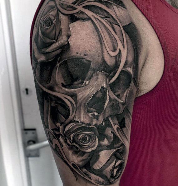 Guy With Skull And Rose Quarter Sleeve Tattoo