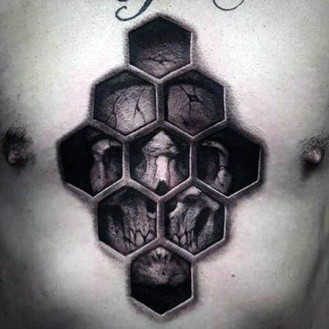 Guy With Skull Inside Honeycomb Window Tattoo Chest