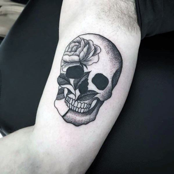 Guy With Skull Rose Flower Detailed Small Inner Arm Bicep Tattoo
