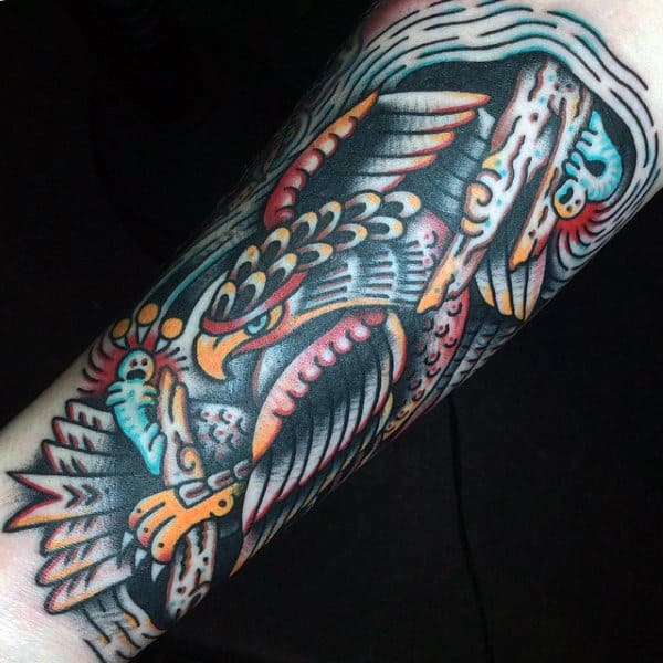 Guy With Sleeve Tattoo Abstract Hawk Attacking