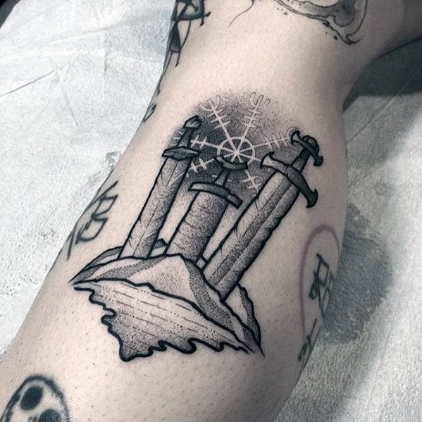 Guy With Small Badass Rune Three Swords Leg Tattoo Designs