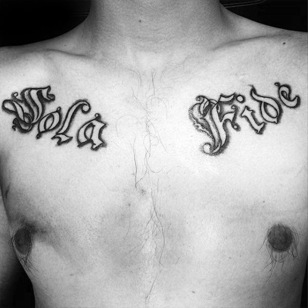 Guy With Sola Fide Latin Upper Chest Tattoo Design