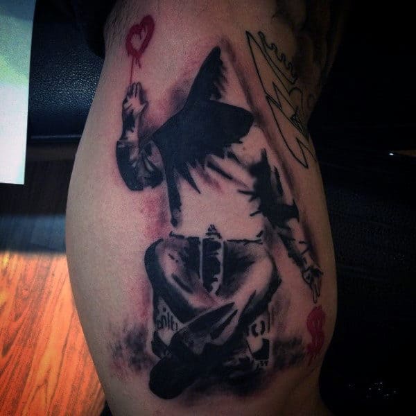 Guy With Spray Paint Can Mens Banksy Arm Tattoos