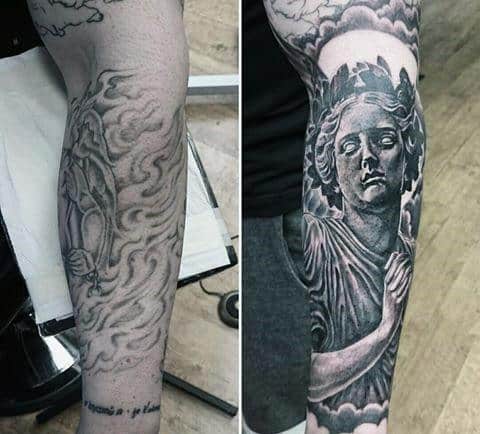 Guy With Statue Cover Up Forearm Sleeve Tattoo