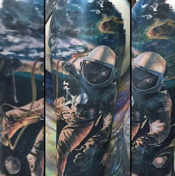 Guy With Superb Space Astronaut Tattoo Full Sleeves
