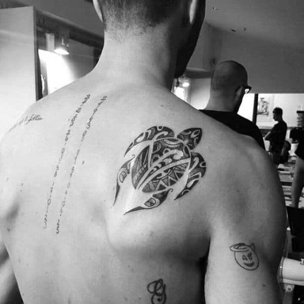 Guy With Swimming Turtle On Shoulder Blade Tribal Tattoos