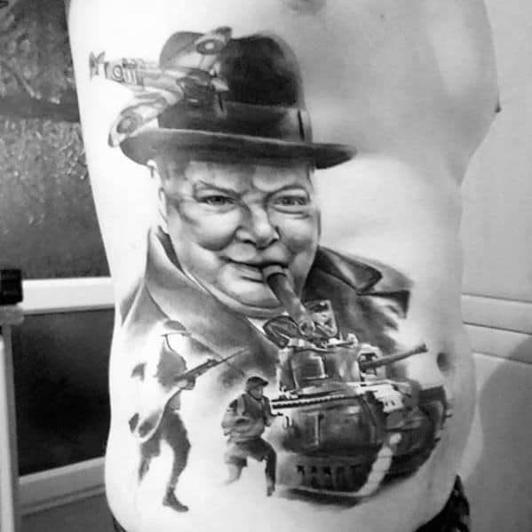 Large black and grey tattoo of Winston Churchill with a cigar, surrounded by WWII soldiers, a tank, and a warplane in dramatic detail.