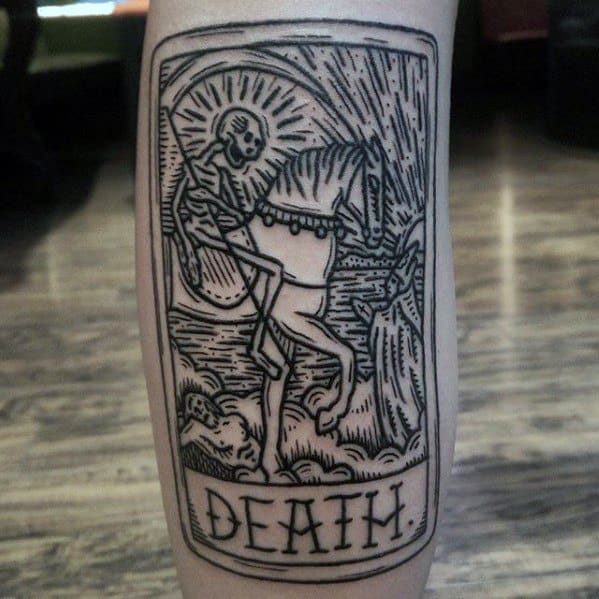 Guy With Tarot Death Card Tattoo Design On Leg