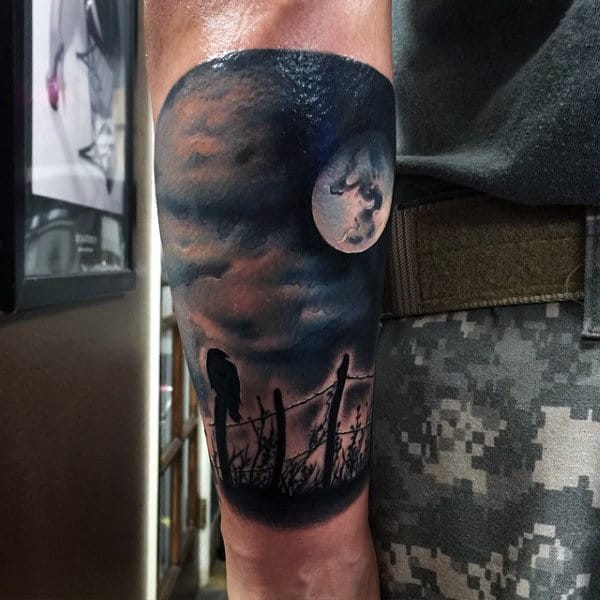 Guy With Tattoo Hawk Watching Over Full Moon Forearm
