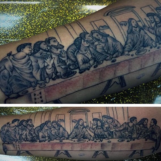 Guy With Tattoo Of Last Supper Jesus Design
