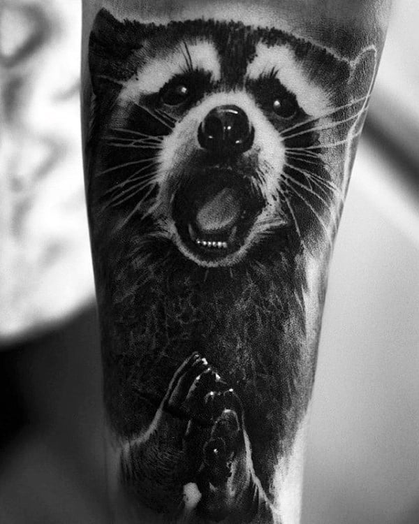 Guy With Tattoo Of Raccoon Sleeve Design