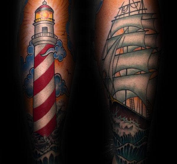 Guy With Tattoo Of Traditional Lighthouse And Sailing Ship On Forearms