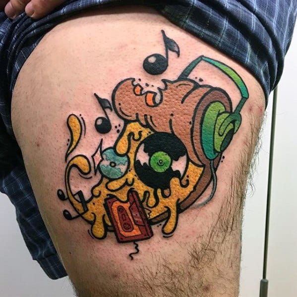 Guy With Thigh Music Themed Pizza Tattoo Design