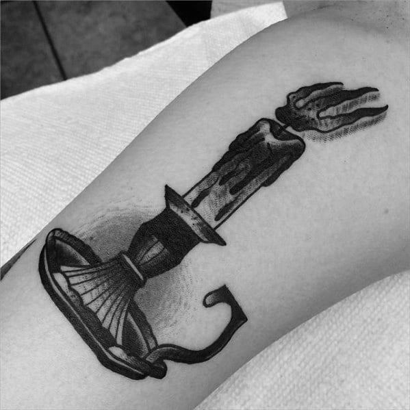 Guy With Traditional Candle Shaded Black And Grey Tattoo On Arm