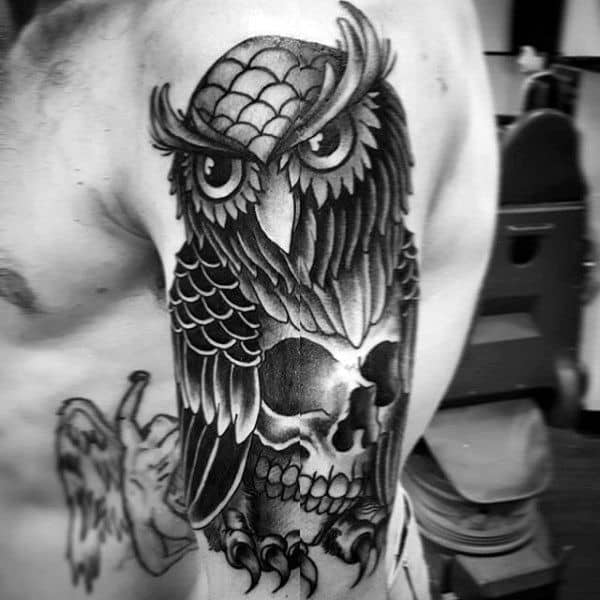 Guy With Traditional Owl And Skull Arm Shaded Tattoo