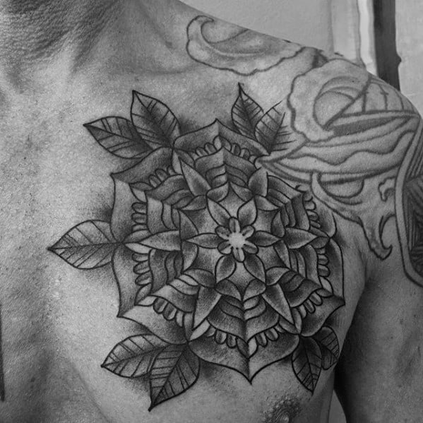 Guy With Traditional Shaded Black And Grey Flower Chest Tattoo