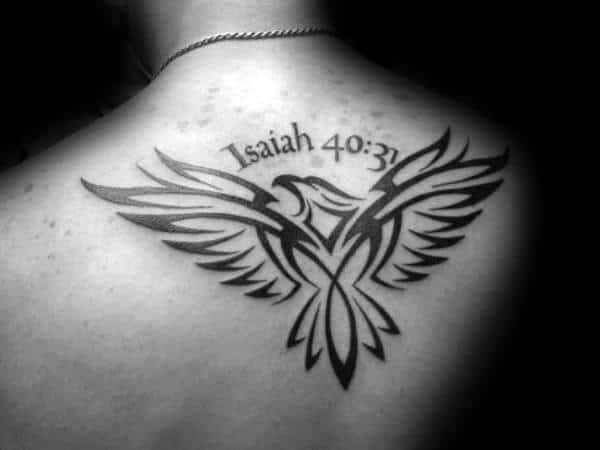 Guy With Tribal Eagle And Religious Quote Back Tattoo