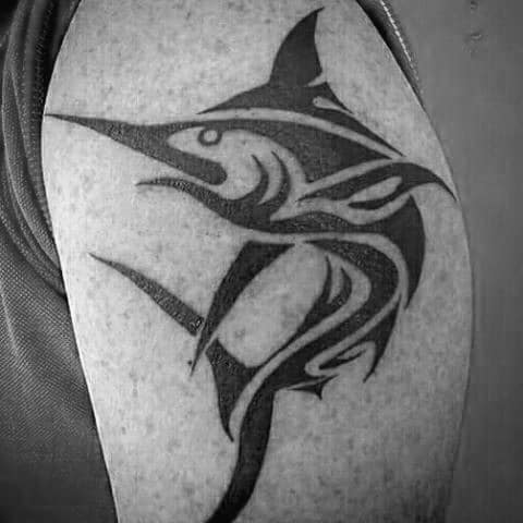 Guy With Tribal Marlin Fish Upper Arm Tattoo Design