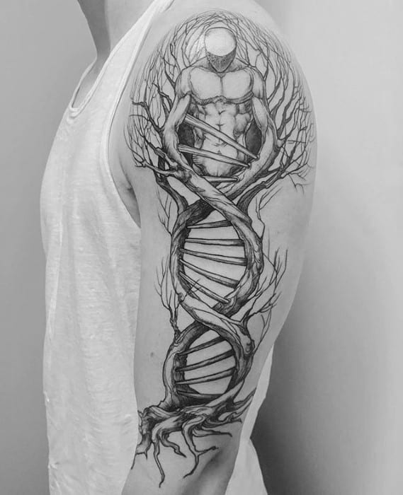 Black and grey tattoo of a human figure emerging from a DNA helix made of twisted tree branches and roots.