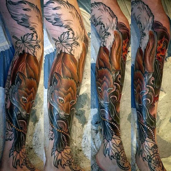 Guy With Ultimate Brown Fox Tattoo On Legs