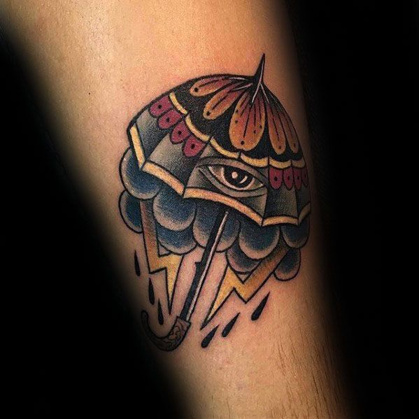 Guy With Umbrella Eye Storm Forearm Tattoo Design