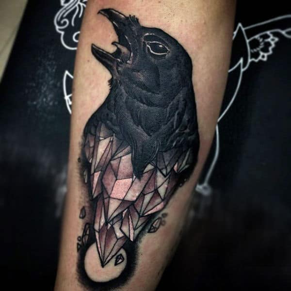 Unique Raven On Sharp Edged Gems Tattoo Forearm