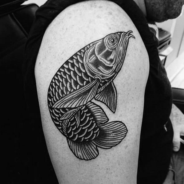 Guy With Upper Arm Black Ink Arowana Tattoo Design